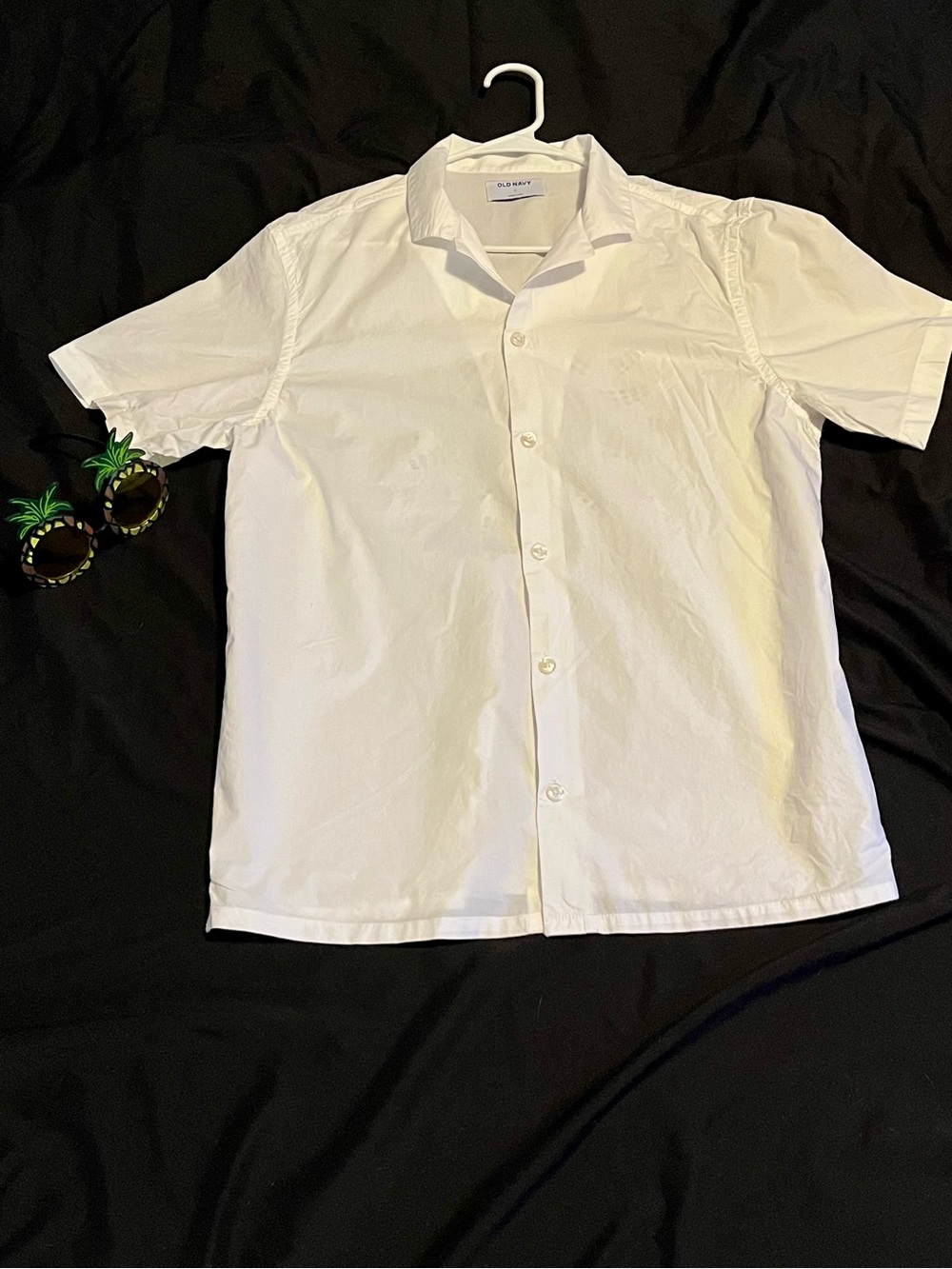 Old Navy Mens M White Cotton Short Sleeve Camp Shirt Sun Embroidered Cutout EUC